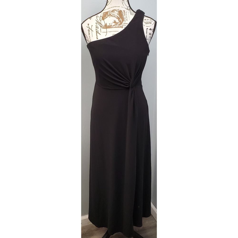 Joseph Ribkoff Maxi Dress Womens 6 Black One Shoulder Knotted Front Side Zip